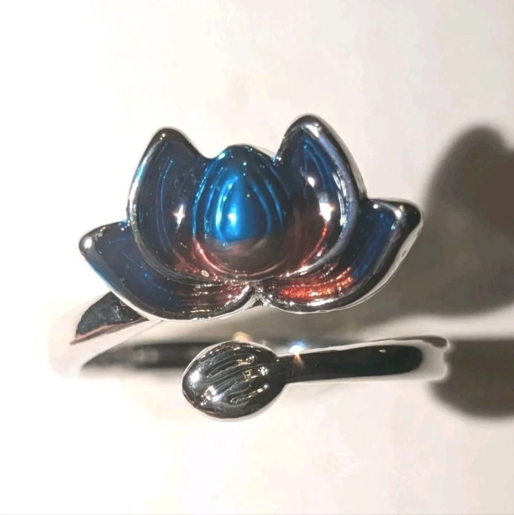 Women's Sterling Silver 925 Blue-Purple Lotus Flower Cloisonne Adjustable Size